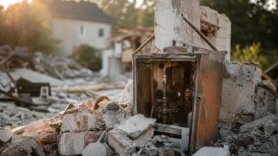 Zerstörte Hausruine mit Schutt und offenem Metallkasten nach Gasexplosion