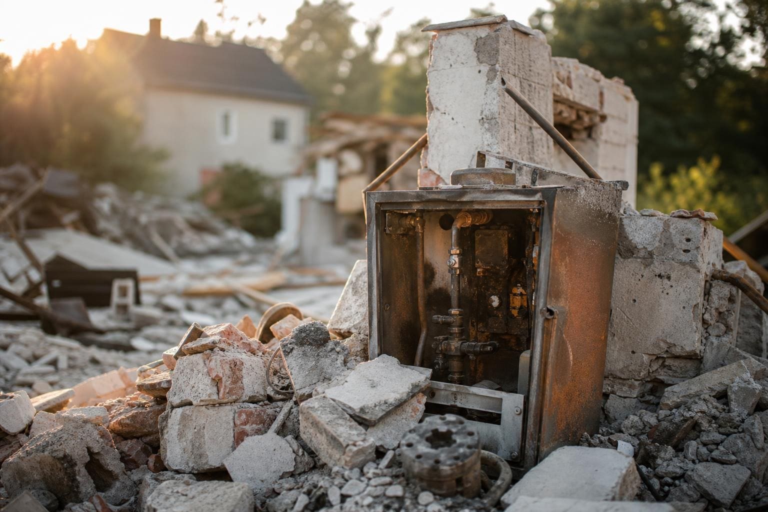 Zerstörte Hausruine mit Schutt und offenem Metallkasten nach Gasexplosion