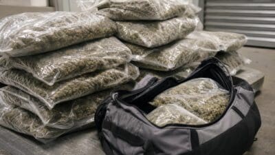 Gestapelte transparente Plastikbeutel mit Cannabiskraut neben einer offenen grauen Sporttasche auf dem Boden