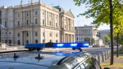 Polizeifahrzeug mit leuchtendem Blaulichtbalken vor einem großen historischen Gebäude