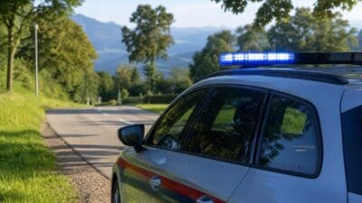 Silbernes Polizeifahrzeug mit blauem Blaulicht am Rand einer Landstraße vor Berglandschaft