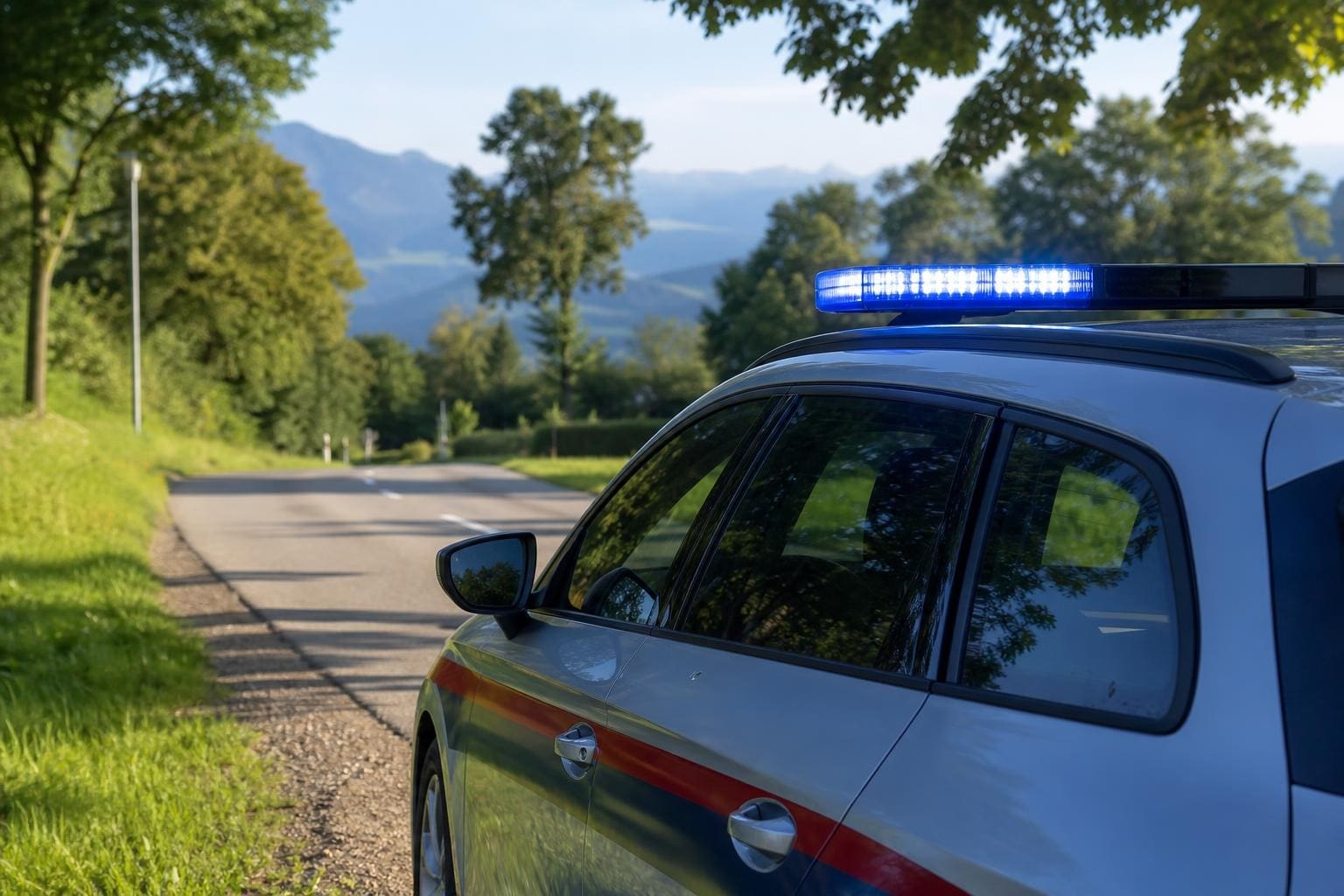 Silbernes Polizeifahrzeug mit blauem Blaulicht am Rand einer Landstraße vor Berglandschaft