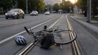 Umgestürztes Fahrrad mit Helm auf Straßenbahnschienen einer mehrspurigen Straße