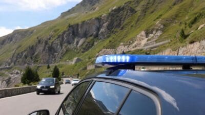 Polizeifahrzeug mit aktiviertem Blaulicht auf der Großglockner Hochalpenstraße vor Bergkulisse