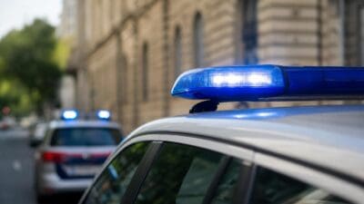 Weißes Polizeifahrzeug mit leuchtendem blauem Blaulicht auf dem Dach, im Hintergrund weitere Streifenwagen.