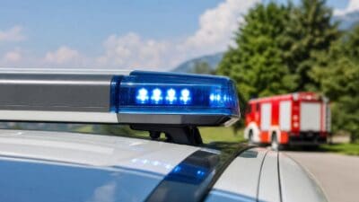 Nahaufnahme eines aktiven blauen Blinklichts auf einem Einsatzfahrzeug mit rotem Feuerwehrwagen im Hintergrund