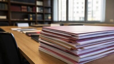 Stapel bunter Aktenordner auf einem Holztisch in einem Büro mit Bücherregalen