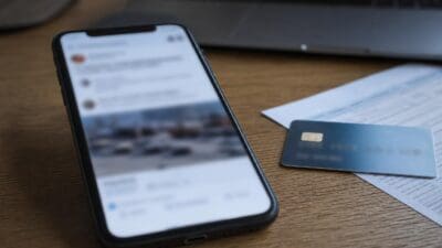 Smartphone auf einem Holztisch zeigt eine Social-Media-App neben einer Kreditkarte und Dokumenten