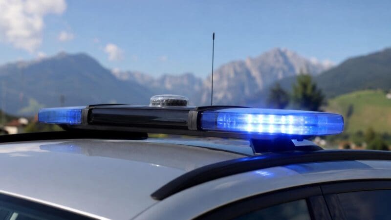 Nahaufnahme eines blauen Blaulichts auf dem Dach eines silbernen Autos mit Bergen im Hintergrund
