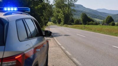 Heckansicht eines Polizeiautos mit leuchtendem Blaulicht am Rand einer Landstraße in Kärnten