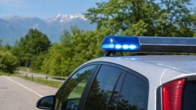 Heckansicht eines silbernen Polizeifahrzeugs mit aktiviertem blauem Blaulicht vor schneebedeckten Bergen.