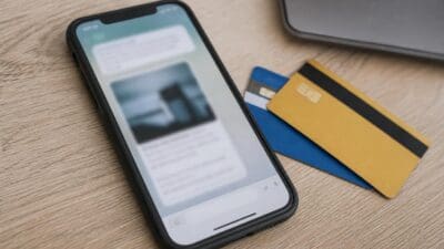 Smartphone mit geöffneter Chat-App neben Kreditkarten auf Holztisch