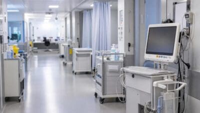 Medizinischer Monitor auf einem Gerätewagen in einem modernen Krankenhausflur mit blauen Vorhängen.