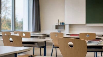 Leeres Klassenzimmer mit hellen Holztischen und Stühlen vor Tafel und Fenster