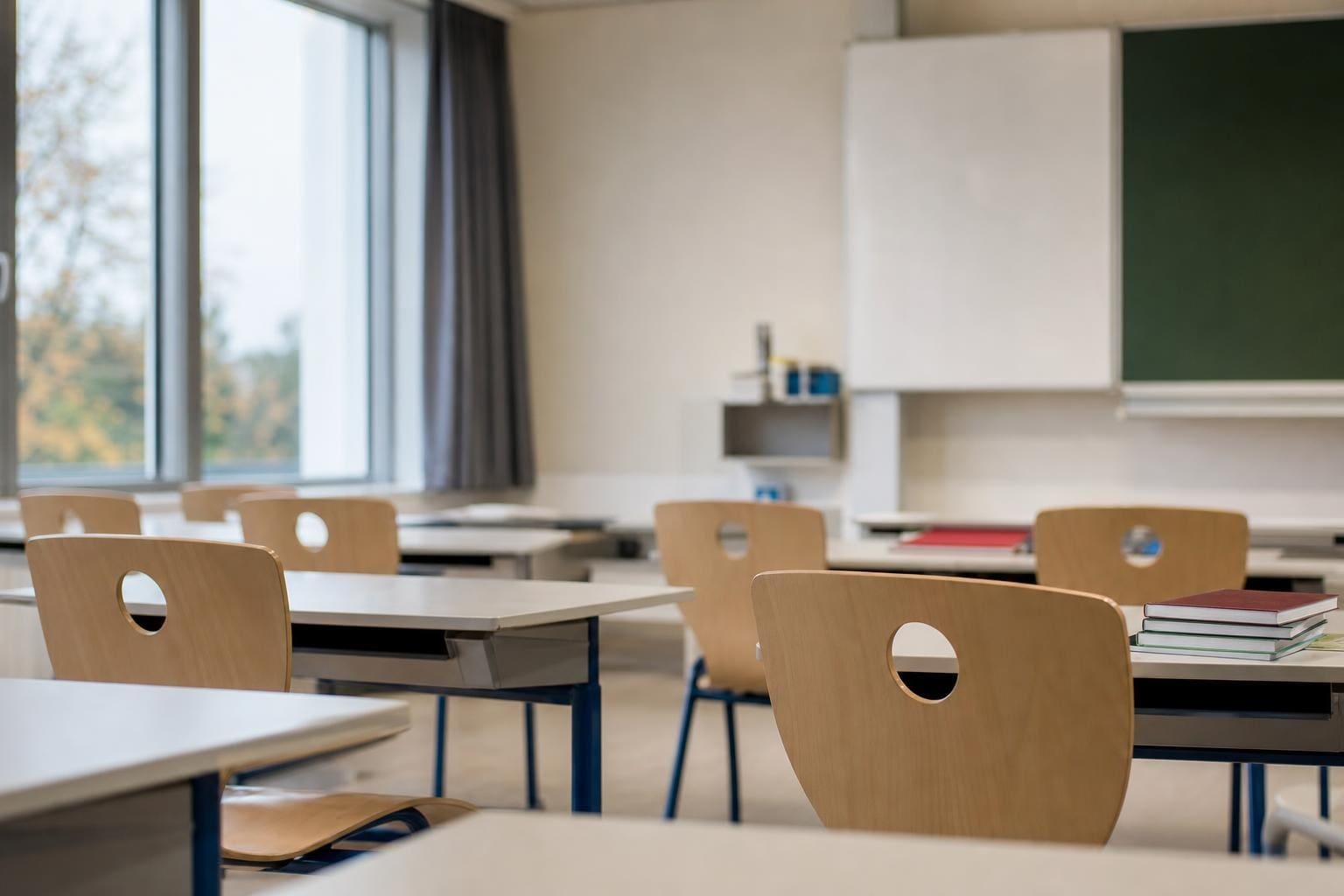 Leeres Klassenzimmer mit hellen Holztischen und Stühlen vor Tafel und Fenster