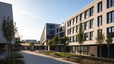 Modernes mehrgeschossiges Gebäudeensemble eines Studentenwohnheims mit großen Fenstern und Grünflächen.