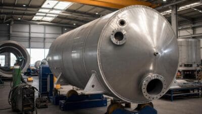 Großer zylindrischer Edelstahltank mit Flanschen auf blauen Rollenböcken in einer Werkhalle