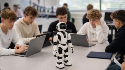 Mehrere Schüler sitzen um einen Tisch mit Laptops und einem Roboter in der Mitte.