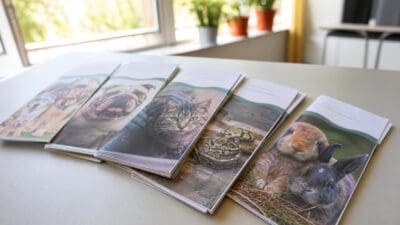 Ausgebreitete Informationsfolder mit Fotos von Hunden, Katzen, Schlangen und Kaninchen auf einem Tisch