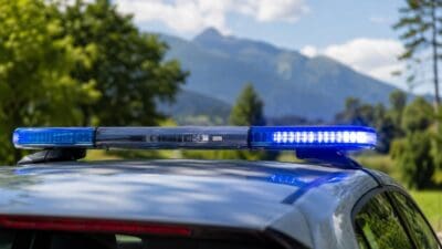Leuchtender blauer Blaulichtbalken auf dem Dach eines grauen Fahrzeugs mit Bergen im Hintergrund