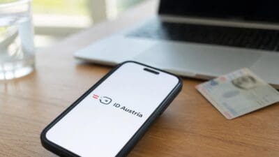 Smartphone zeigt Logo der ID Austria auf einem Holztisch mit Laptop und Ausweis