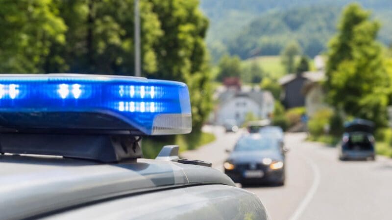 Blaues Blaulicht auf dem Dach eines Polizeifahrzeugs vor einer ländlichen Straße mit Häusern und Hügeln im Hintergrund.