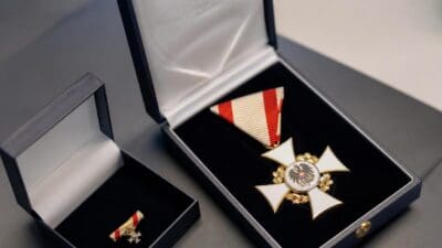Goldenes Ehrenzeichen des ÖSV als Kreuz mit rot-weißem Band in offener Schatulle neben kleiner Anstecknadel