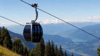 Eine dunkle Seilbahngondel schwebt über bewaldeten Bergen und einem See in Kärnten.