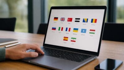 Eine Hand tippt auf einem Laptop, dessen Bildschirm Flaggen und Sprachnamen in vierzehn verschiedenen Sprachen anzeigt.