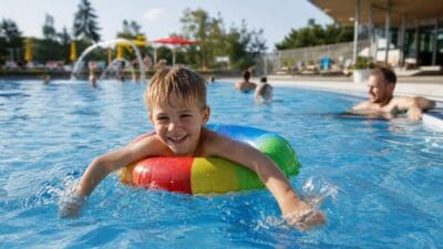Lachender Junge mit regenbogenfarbenem Schwimmring spritzt Wasser im Schwimmbecken.
