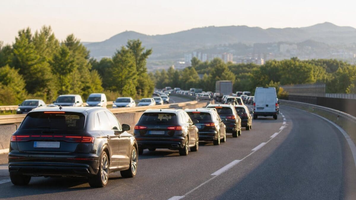 Mehrere Autos im Stau auf einer kurvigen Autobahn bei Sonnenuntergang mit Hügeln im Hintergrund