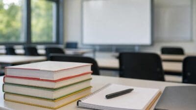 Stapel bunter Bücher, Notizbuch mit Stift und Laptop auf einem Tisch in einem Klassenzimmer