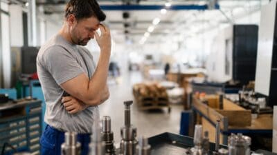 Ein Mann in grauem Shirt und blauer Hose fasst sich in einer Fabrikhalle an die Stirn.