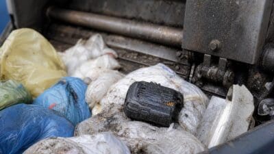 Ein schwarzer Akku liegt auf mehreren Müllsäcken in der Müllpresse eines Müllwagens.