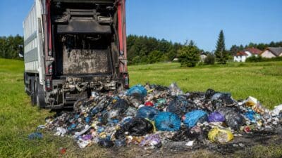 Weiß-roter Müllwagen mit offenem Heck kippt große Müllmenge auf grüner Wiese ab