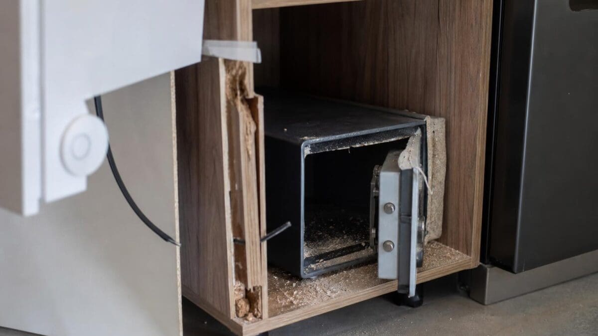 Geöffneter schwarzer Geldtresor in einem stark beschädigten Holzschrank mit Spänen auf dem Boden