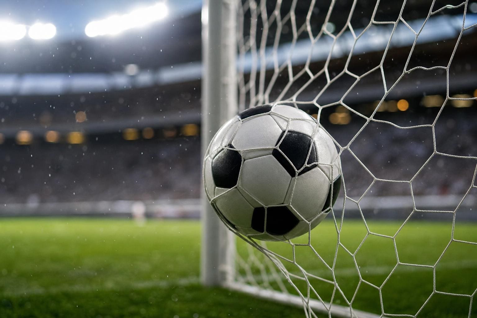 Ein schwarz-weißer Fußball steckt im Tornetz eines beleuchteten Stadions bei Regen