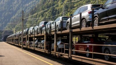 Mehrstöckiger Autotransportzug mit SUVs und Limousinen auf Bahngleisen vor Berglandschaft