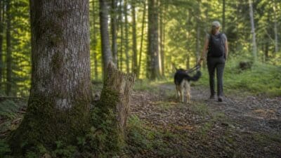 Eine Frau mit Rucksack führt einen Hund an der Leine durch den Wald.