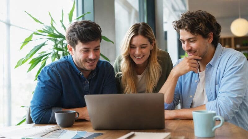Drei junge Erwachsene betrachten lächelnd den Bildschirm eines Laptops am Tisch.