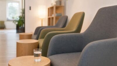 Reihe moderner Polstersessel in Grau und Grün mit Holztischen in hellem Raum