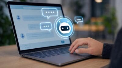 Eine Hand bedient einen Laptop mit Chat-Oberfläche, Sprechblasen und leuchtendem Chatbot-Roboter-Icon
