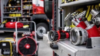 Nahaufnahme von roten Feuerwehrarmaturen und Schläuchen mit silbernen Kupplungen in einem Einsatzfahrzeug.