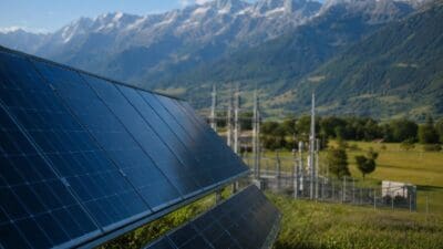 Blaue Solarpaneele vor einer Berglandschaft mit Strommasten in einem Tal