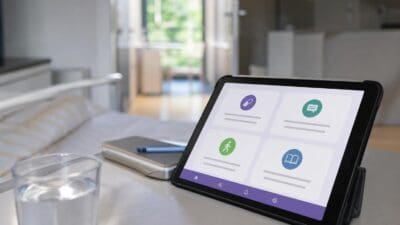 Tablet auf einem Tisch zeigt App mit Symbolen für Tabletten Chat Bewegung und Buch neben Wasserglas