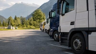 Weißer und blauer Lkw parken in einer Reihe auf einem Platz vor Bergen.
