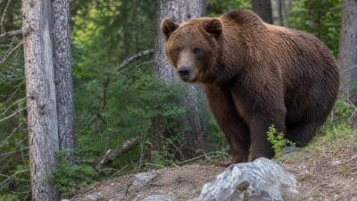 Ein großer brauner Bär steht auf einem Felsen in einem dichten Wald.