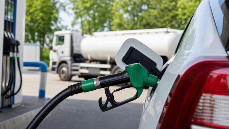Grüne Zapfpistole steckt im Tank eines weißen Autos an einer Tankstelle.