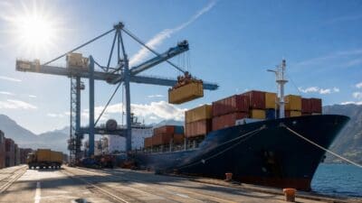 Blauer Portalkran hebt gelben Container auf Containerschiff im Hafen vor Bergen