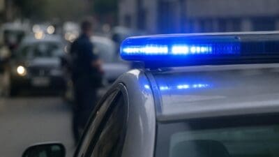 Blaues Blaulicht leuchtet auf dem Dach eines Polizeifahrzeugs mit unscharfem Beamten im Hintergrund